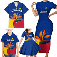 Colombia Heliconia Flower Family Matching Short Sleeve Bodycon Dress and Hawaiian Shirt with Flag Colors and Blue Cultural Pattern Design - Wonder Print Shop
