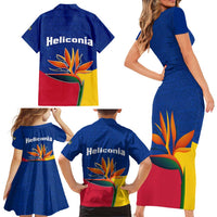 Colombia Heliconia Flower Family Matching Short Sleeve Bodycon Dress and Hawaiian Shirt with Flag Colors and Blue Cultural Pattern Design - Wonder Print Shop