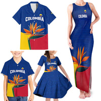 Colombia Heliconia Flower Family Matching Tank Maxi Dress and Hawaiian Shirt with Flag Colors and Blue Cultural Pattern Design - Wonder Print Shop