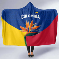 Colombia Heliconia Flower Hooded Blanket with Flag Colors and Blue Cultural Pattern Design - Wonder Print Shop