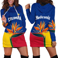 Colombia Heliconia Flower Hoodie Dress with Flag Colors and Blue Cultural Pattern Design - Wonder Print Shop