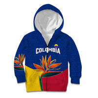 Colombia Heliconia Flower Kid Hoodie with Flag Colors and Blue Cultural Pattern Design - Wonder Print Shop