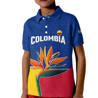 Colombia Heliconia Flower Kid Polo Shirt with Flag Colors and Blue Cultural Pattern Design - Wonder Print Shop