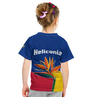 Colombia Heliconia Flower Kid T Shirt with Flag Colors and Blue Cultural Pattern Design - Wonder Print Shop