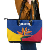 Colombia Heliconia Flower Leather Tote Bag with Flag Colors and Blue Cultural Pattern Design - Wonder Print Shop