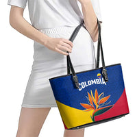 Colombia Heliconia Flower Leather Tote Bag with Flag Colors and Blue Cultural Pattern Design - Wonder Print Shop