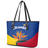 Colombia Heliconia Flower Leather Tote Bag with Flag Colors and Blue Cultural Pattern Design - Wonder Print Shop