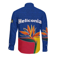 Colombia Heliconia Flower Long Sleeve Button Shirt with Flag Colors and Blue Cultural Pattern Design - Wonder Print Shop