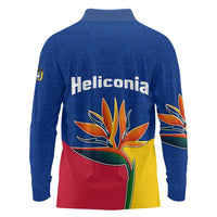 Colombia Heliconia Flower Long Sleeve Polo Shirt with Flag Colors and Blue Cultural Pattern Design - Wonder Print Shop