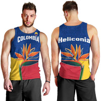 Colombia Heliconia Flower Men Tank Top with Flag Colors and Blue Cultural Pattern Design - Wonder Print Shop