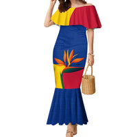 Colombia Heliconia Flower Mermaid Dress with Flag Colors and Blue Cultural Pattern Design - Wonder Print Shop
