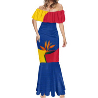 Colombia Heliconia Flower Mermaid Dress with Flag Colors and Blue Cultural Pattern Design - Wonder Print Shop