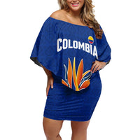 Colombia Heliconia Flower Off Shoulder Short Dress with Flag Colors and Blue Cultural Pattern Design - Wonder Print Shop