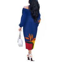 Colombia Heliconia Flower Off The Shoulder Long Sleeve Dress with Flag Colors and Blue Cultural Pattern Design - Wonder Print Shop