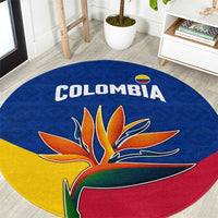 Colombia Heliconia Flower Round Carpet with Flag Colors and Blue Cultural Pattern Design - Wonder Print Shop