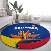 Colombia Heliconia Flower Round Carpet with Flag Colors and Blue Cultural Pattern Design - Wonder Print Shop