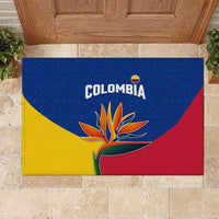 Colombia Heliconia Flower Rubber Doormat with Flag Colors and Blue Cultural Pattern Design - Wonder Print Shop