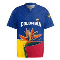 Colombia Heliconia Flower Rugby Jersey with Flag Colors and Blue Cultural Pattern Design - Wonder Print Shop