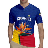 Colombia Heliconia Flower Rugby Jersey with Flag Colors and Blue Cultural Pattern Design - Wonder Print Shop