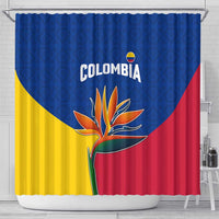 Colombia Heliconia Flower Shower Curtain with Flag Colors and Blue Cultural Pattern Design - Wonder Print Shop