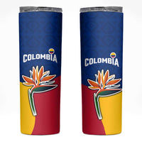 Colombia Heliconia Flower Skinny Tumbler with Flag Colors and Blue Cultural Pattern Design - Wonder Print Shop