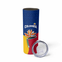 Colombia Heliconia Flower Skinny Tumbler with Flag Colors and Blue Cultural Pattern Design - Wonder Print Shop