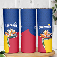 Colombia Heliconia Flower Skinny Tumbler with Flag Colors and Blue Cultural Pattern Design - Wonder Print Shop