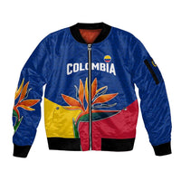 Colombia Heliconia Flower Sleeve Zip Bomber Jacket with Flag Colors and Blue Cultural Pattern Design - Wonder Print Shop
