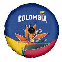 Colombia Heliconia Flower Spare Tire Cover with Flag Colors and Blue Cultural Pattern Design - Wonder Print Shop
