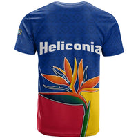 Colombia Heliconia Flower T Shirt with Flag Colors and Blue Cultural Pattern Design - Wonder Print Shop