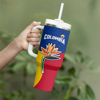 Colombia Heliconia Flower Tumbler With Handle with Flag Colors and Blue Cultural Pattern Design - Wonder Print Shop