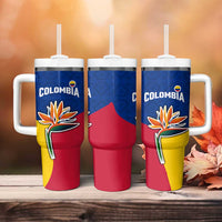 Colombia Heliconia Flower Tumbler With Handle with Flag Colors and Blue Cultural Pattern Design - Wonder Print Shop