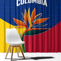 Colombia Heliconia Flower Window Curtain with Flag Colors and Blue Cultural Pattern Design - Wonder Print Shop