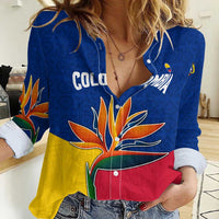 Colombia Heliconia Flower Women Casual Shirt with Flag Colors and Blue Cultural Pattern Design - Wonder Print Shop
