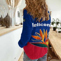 Colombia Heliconia Flower Women Casual Shirt with Flag Colors and Blue Cultural Pattern Design - Wonder Print Shop