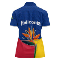 Colombia Heliconia Flower Women Polo Shirt with Flag Colors and Blue Cultural Pattern Design - Wonder Print Shop