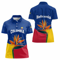 Colombia Heliconia Flower Women Polo Shirt with Flag Colors and Blue Cultural Pattern Design - Wonder Print Shop