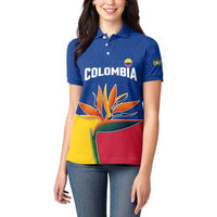 Colombia Heliconia Flower Women Polo Shirt with Flag Colors and Blue Cultural Pattern Design - Wonder Print Shop
