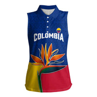 Colombia Heliconia Flower Women Sleeveless Polo Shirt with Flag Colors and Blue Cultural Pattern Design - Wonder Print Shop