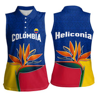 Colombia Heliconia Flower Women Sleeveless Polo Shirt with Flag Colors and Blue Cultural Pattern Design - Wonder Print Shop