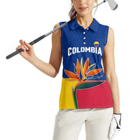 Colombia Heliconia Flower Women Sleeveless Polo Shirt with Flag Colors and Blue Cultural Pattern Design - Wonder Print Shop