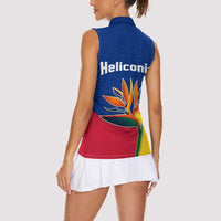 Colombia Heliconia Flower Women Sleeveless Polo Shirt with Flag Colors and Blue Cultural Pattern Design - Wonder Print Shop