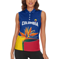 Colombia Heliconia Flower Women Sleeveless Polo Shirt with Flag Colors and Blue Cultural Pattern Design - Wonder Print Shop