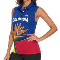 Colombia Heliconia Flower Women Sleeveless Polo Shirt with Flag Colors and Blue Cultural Pattern Design - Wonder Print Shop
