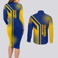 Colombia Flag Colors Couples Matching Long Sleeve Bodycon Dress and Long Sleeve Button Shirt with National Crest and Libertad y Orden Motto Design - Wonder Print Shop