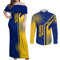 Colombia Flag Colors Couples Matching Off Shoulder Maxi Dress and Long Sleeve Button Shirt with National Crest and Libertad y Orden Motto Design - Wonder Print Shop