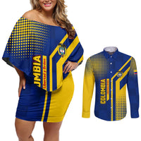 Colombia Flag Colors Couples Matching Off Shoulder Short Dress and Long Sleeve Button Shirt with National Crest and Libertad y Orden Motto Design - Wonder Print Shop