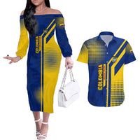 Colombia Flag Colors Couples Matching Off The Shoulder Long Sleeve Dress and Hawaiian Shirt with National Crest and Libertad y Orden Motto Design - Wonder Print Shop