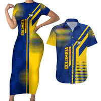 Colombia Flag Colors Couples Matching Short Sleeve Bodycon Dress and Hawaiian Shirt with National Crest and Libertad y Orden Motto Design - Wonder Print Shop