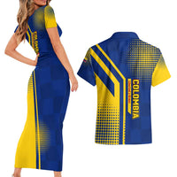 Colombia Flag Colors Couples Matching Short Sleeve Bodycon Dress and Hawaiian Shirt with National Crest and Libertad y Orden Motto Design - Wonder Print Shop